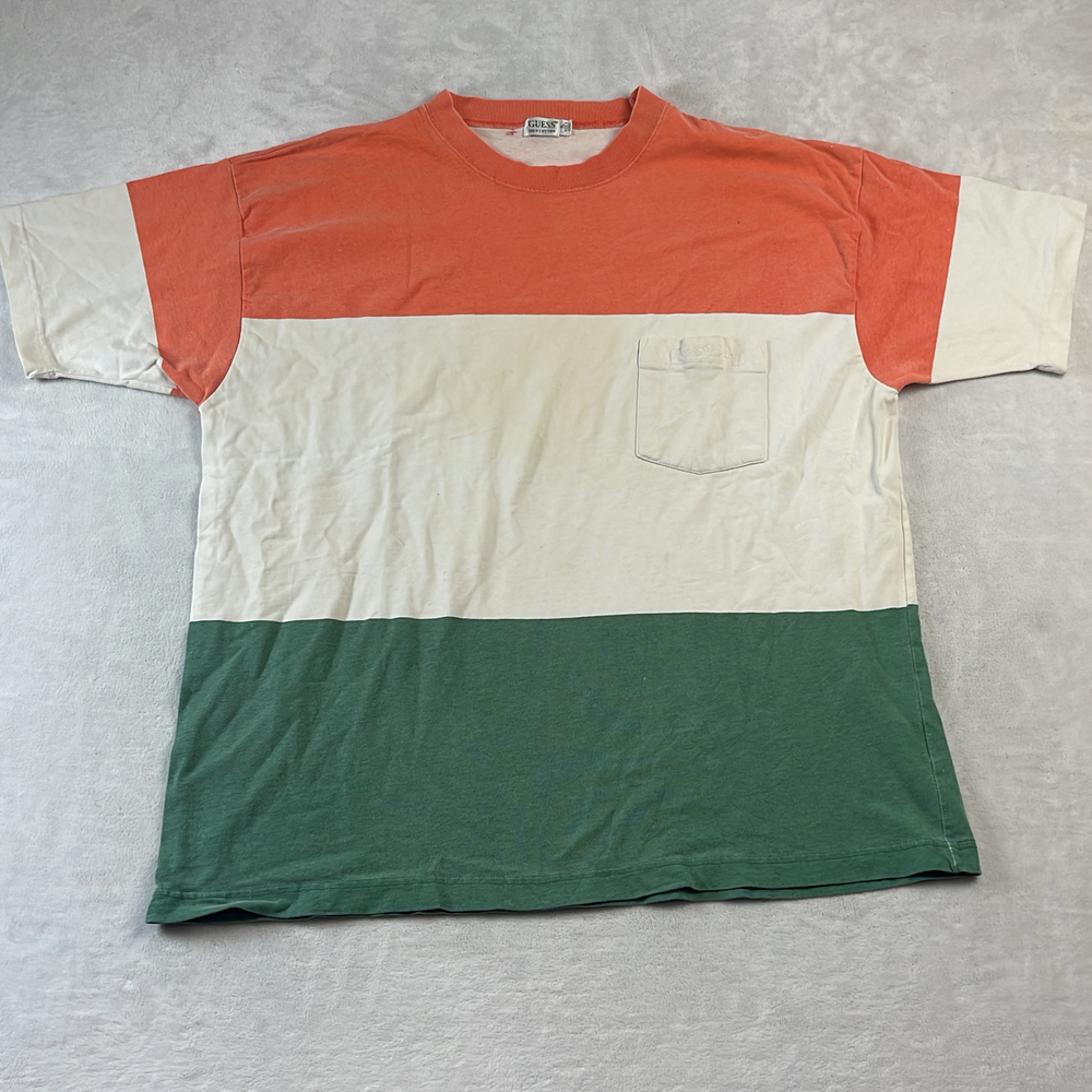 Guess Jeans Men's T-Shirt Size XL Orange White Green Colorblock 90s Pocket Tee